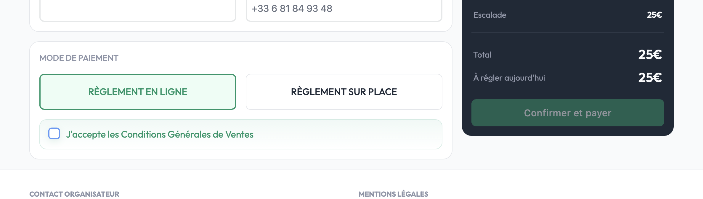 Étape du parcours de réservation avec la case à cocher d'acceptation des CGV