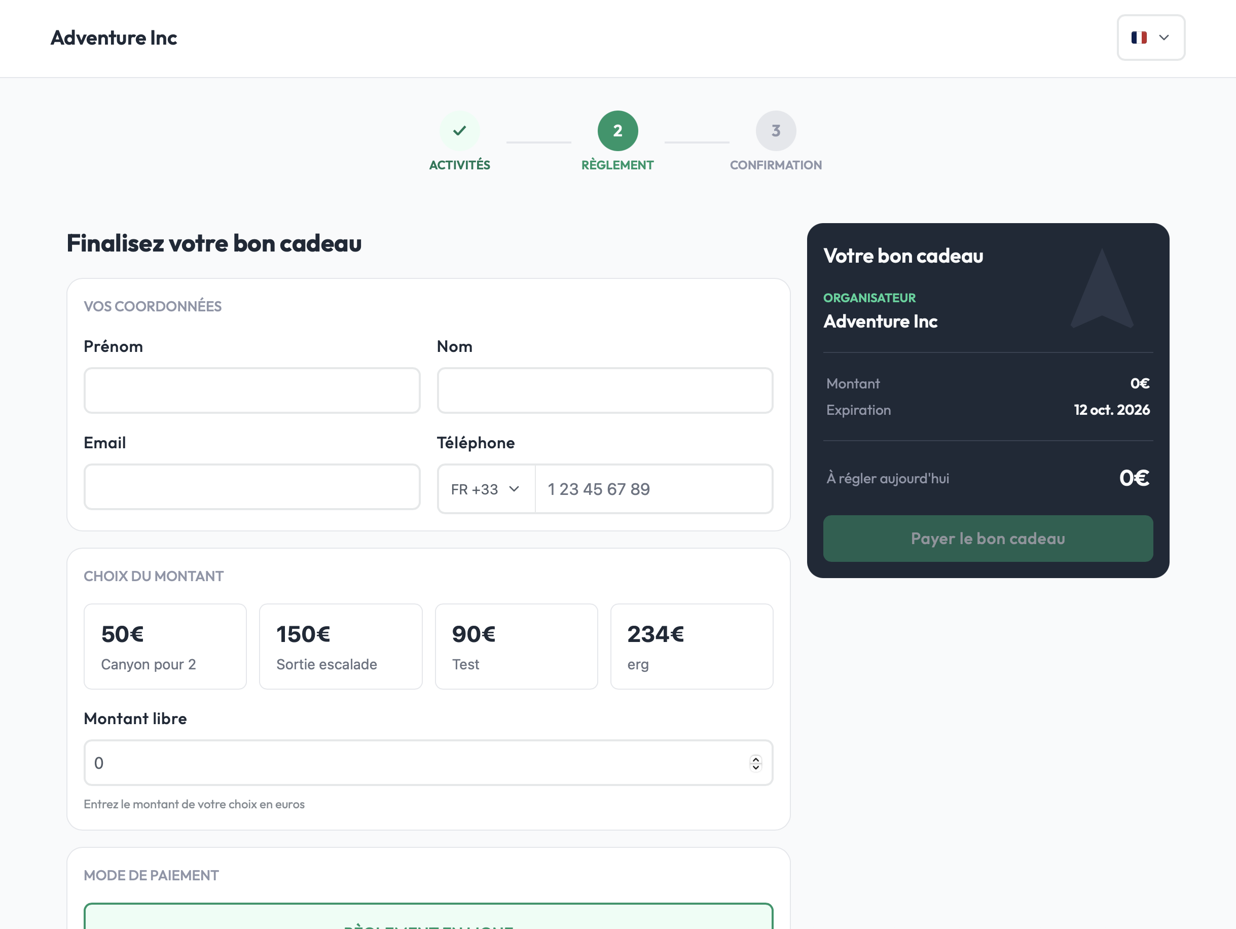 Formulaire d'achat de bon cadeau avec informations client et choix du montant