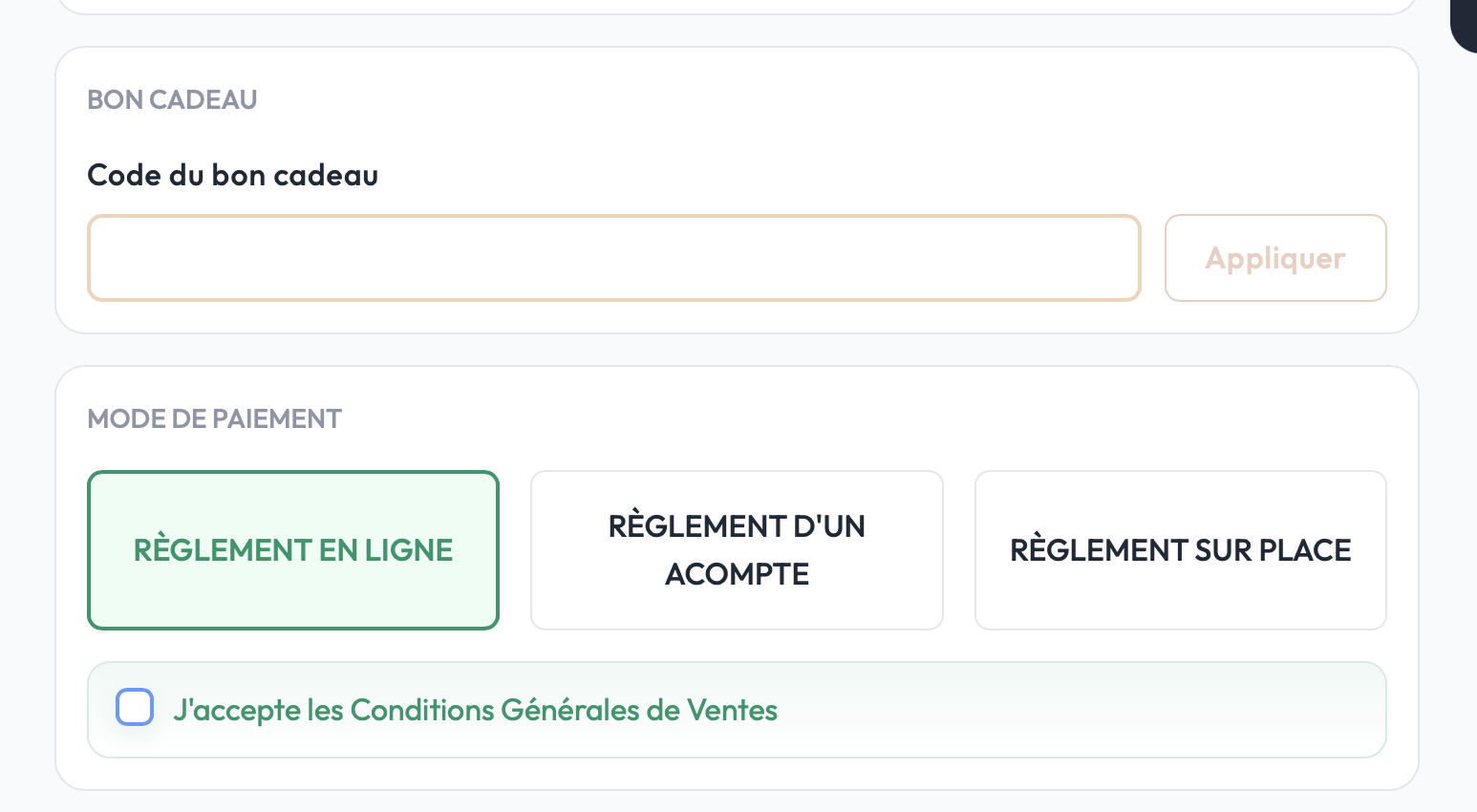 Application d'un bon cadeau pendant une réservation en ligne