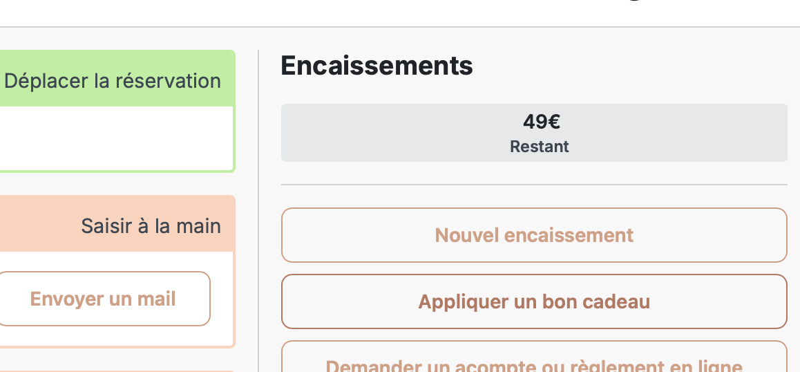 Application d'un bon cadeau depuis le détail d'une réservation