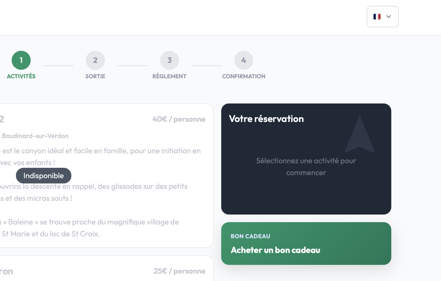 Bloc bon cadeau sur la page de réservation en ligne