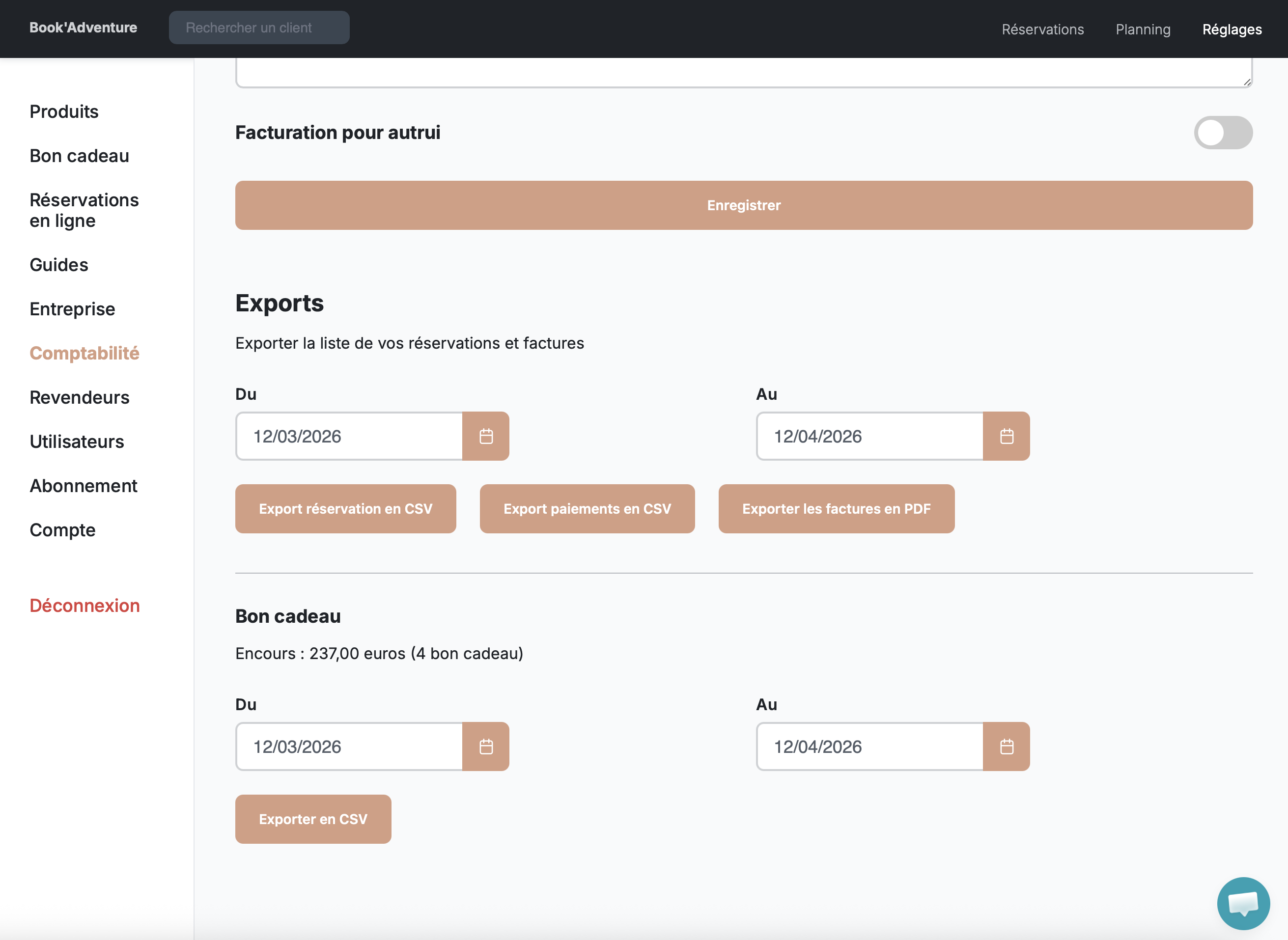 Section comptabilité des bons cadeaux avec encours et export