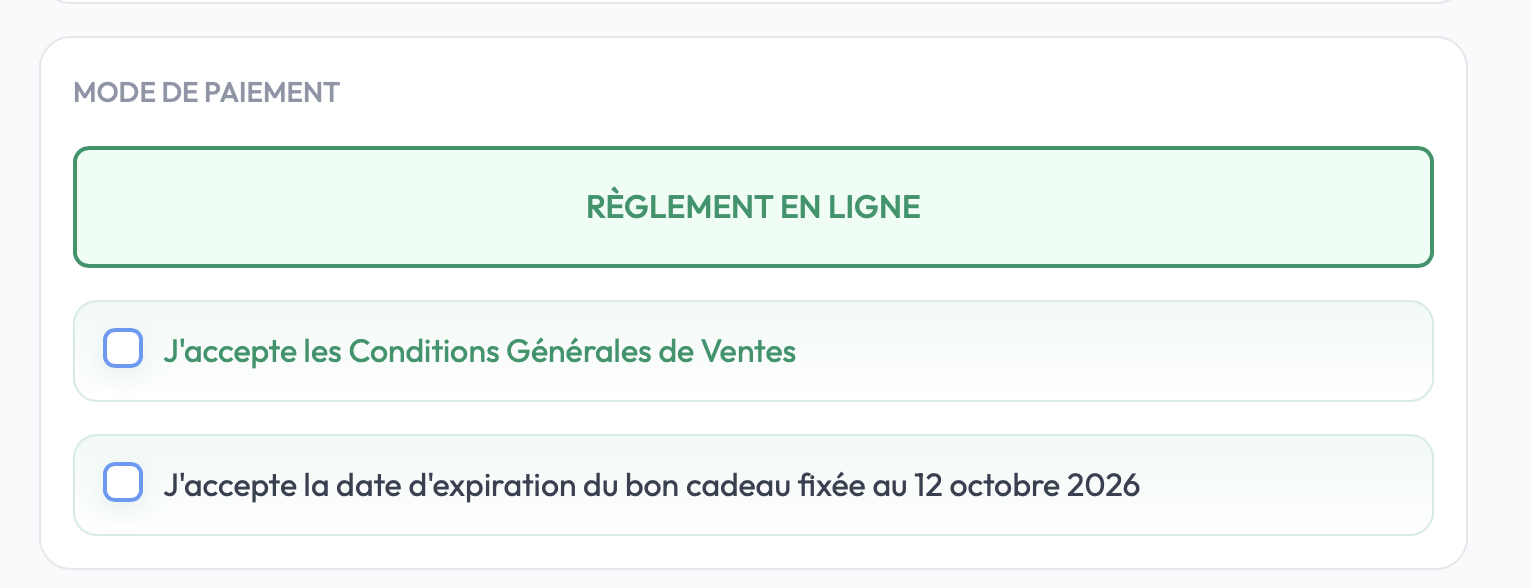 Étape d'achat avec les cases à cocher CGV et expiration