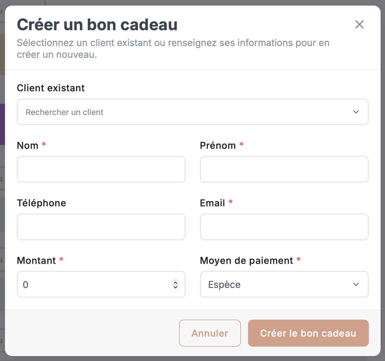 Création manuelle d'un bon cadeau