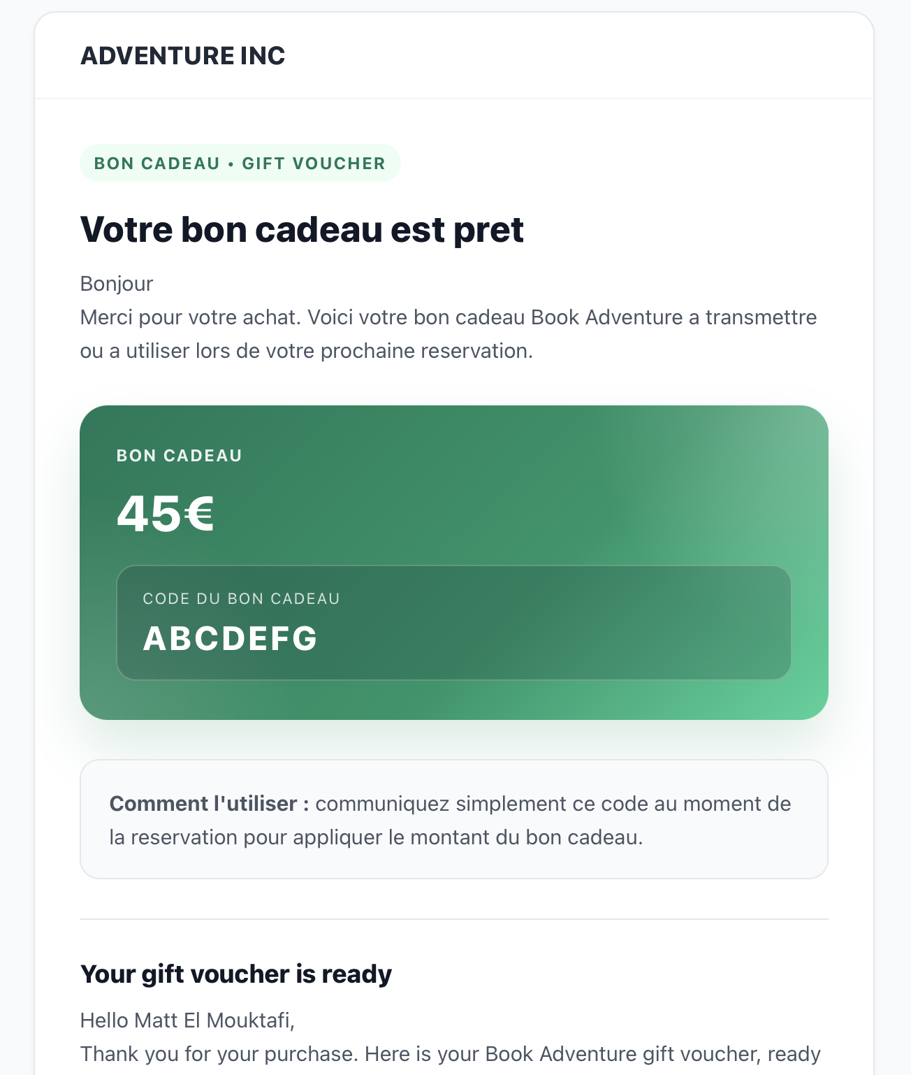 E-mail du bon cadeau