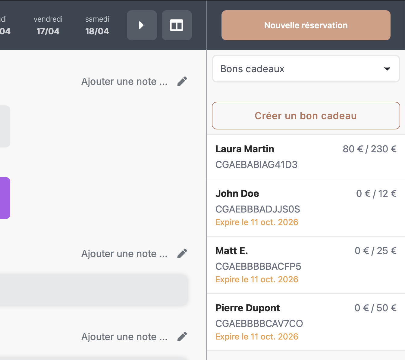 Liste des bons cadeaux dans le panneau de droite