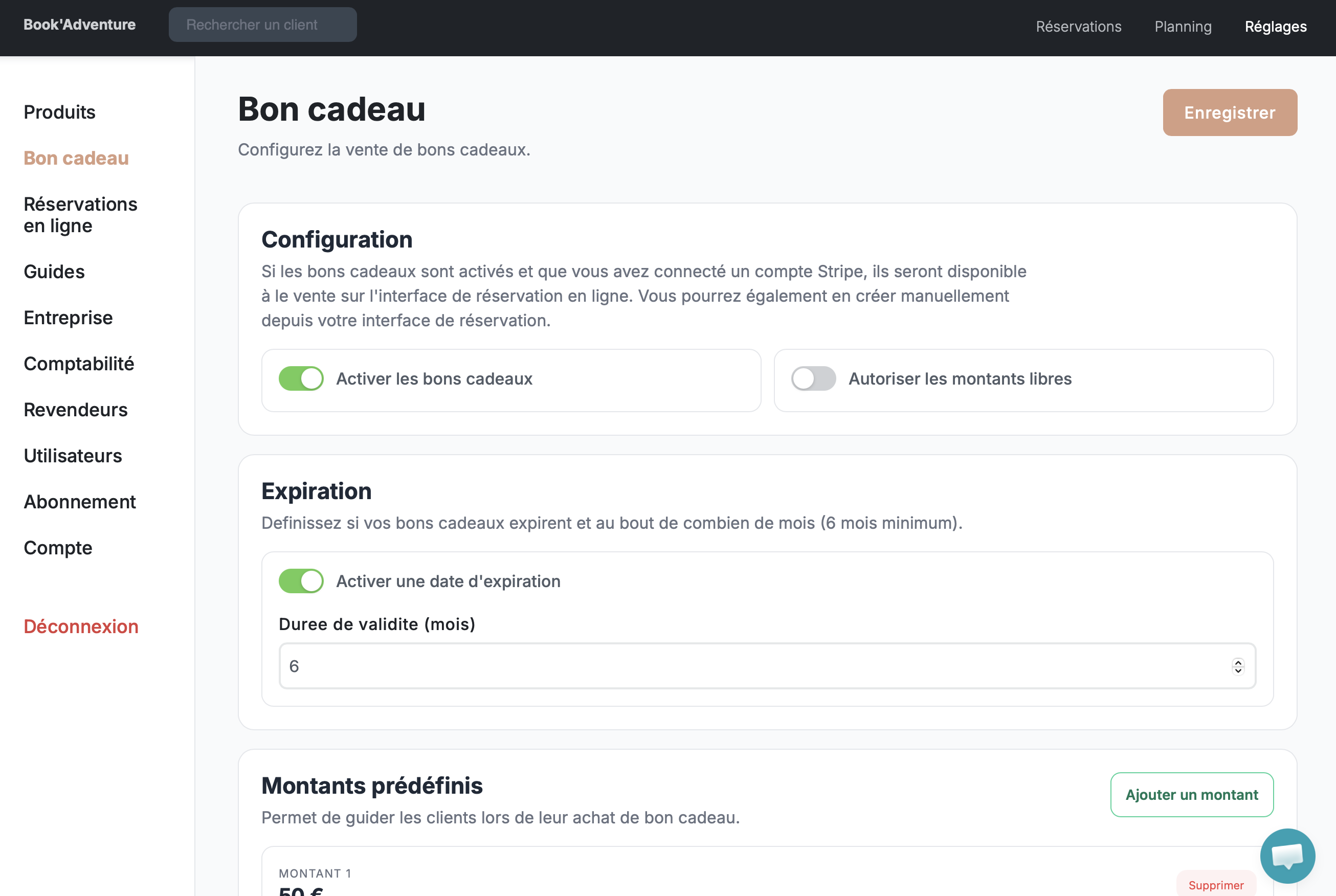 Écran Réglages > Bon cadeau