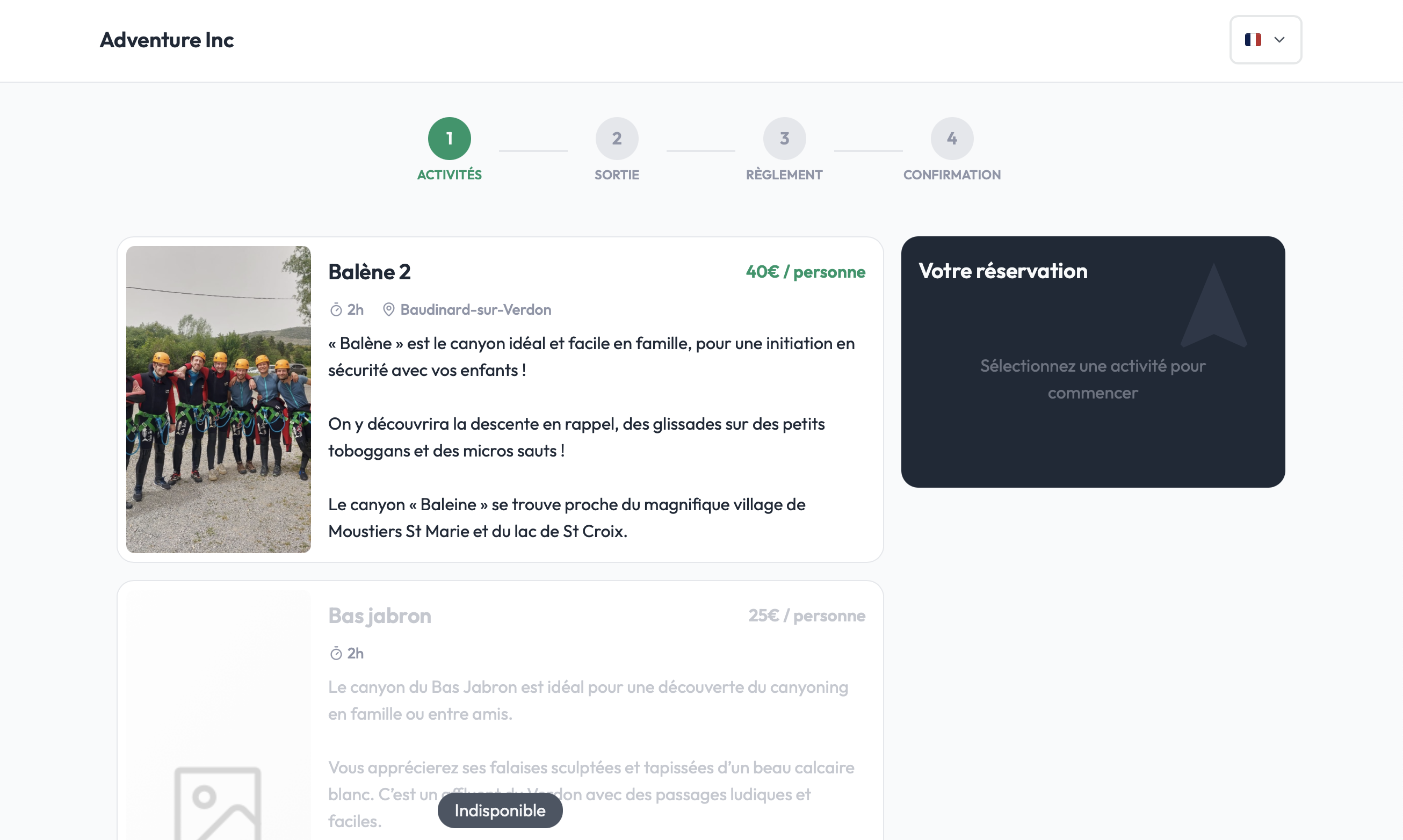 Liste des activités disponibles avec image, nom, description, prix, durée et lieu