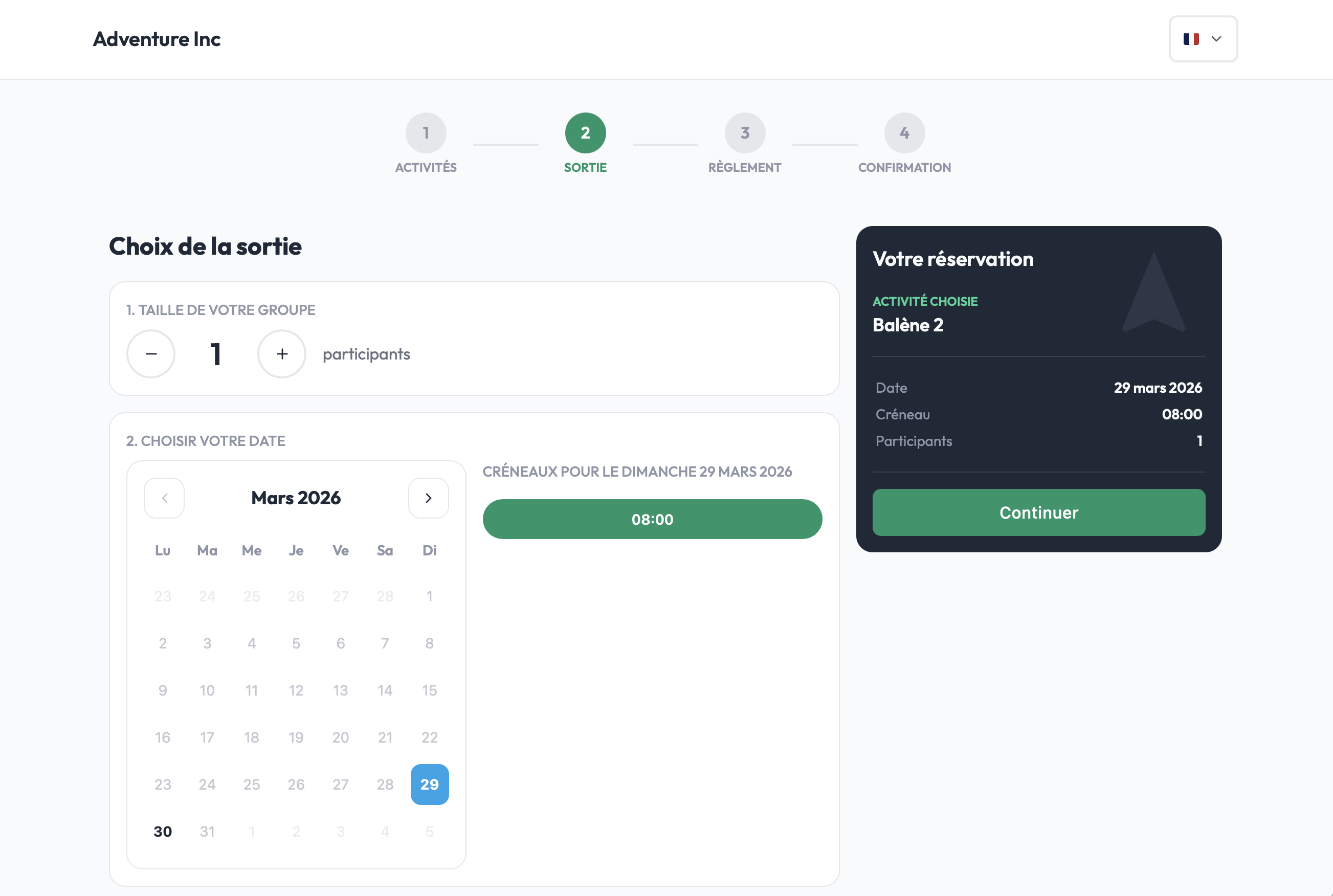 Interface de sélection du créneau et du nombre de participants