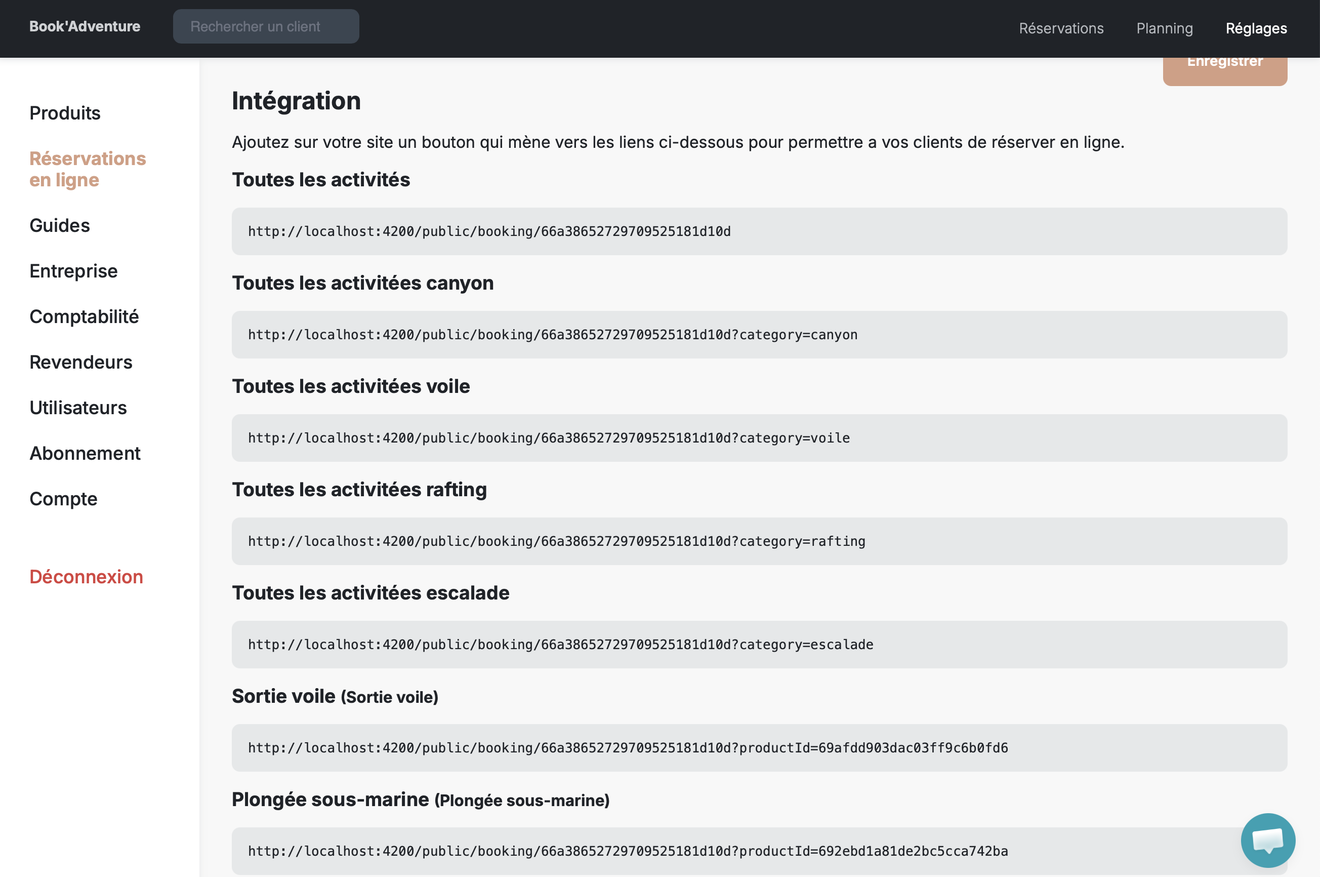 Écran Réglages > Réservations en ligne avec les différents liens de réservation disponibles