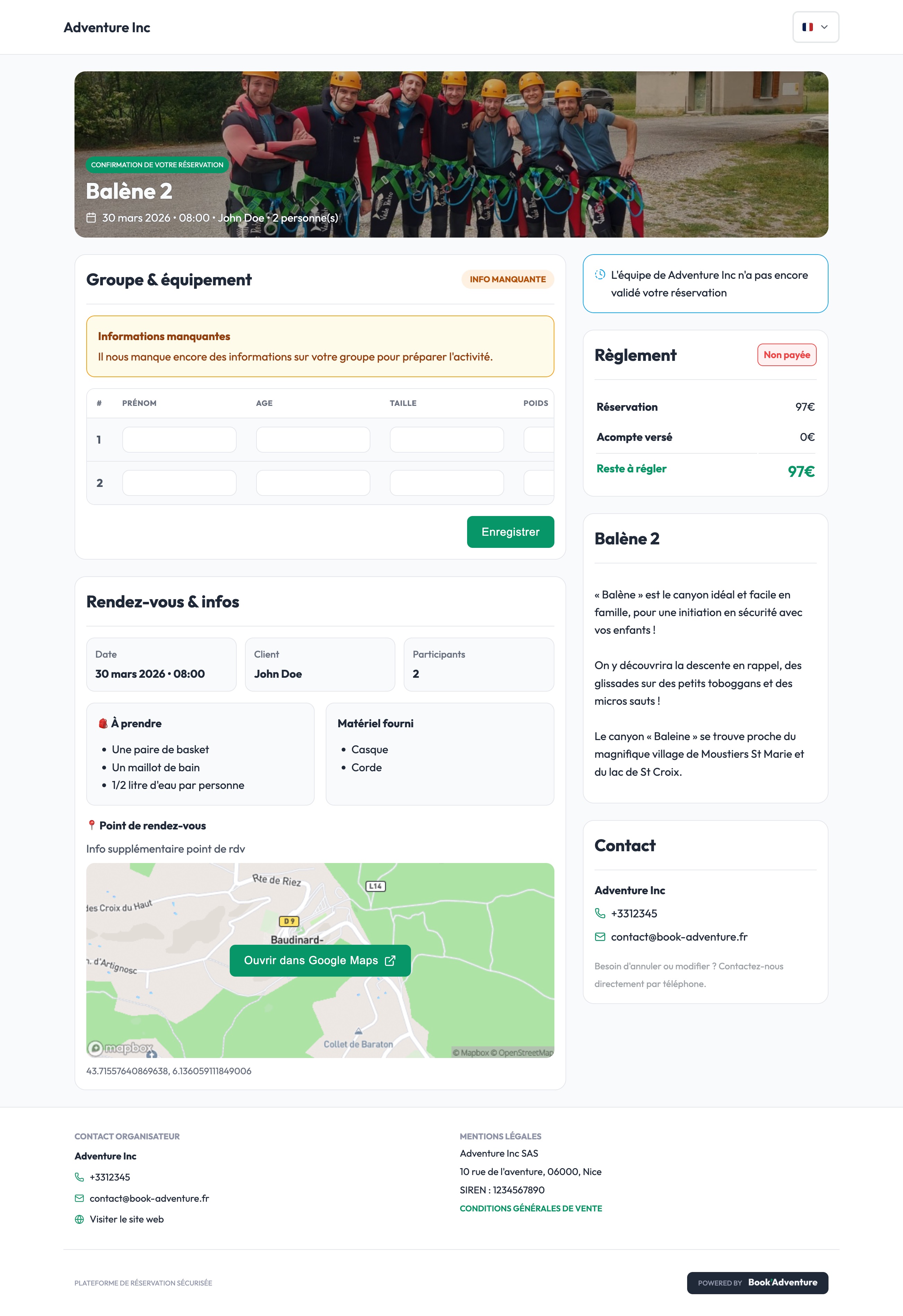 Page de confirmation de réservation avec récapitulatif et informations du groupe