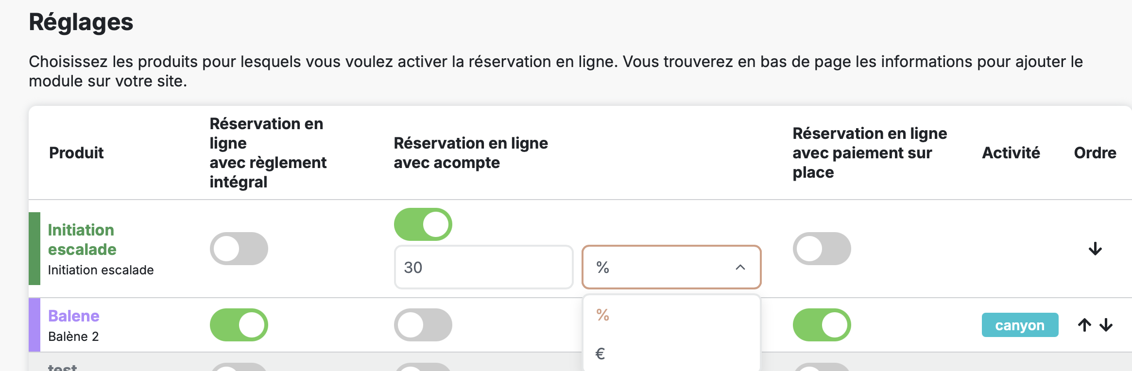 Configuration d'un acompte avec un pourcentage ou un montant fixe par réservation