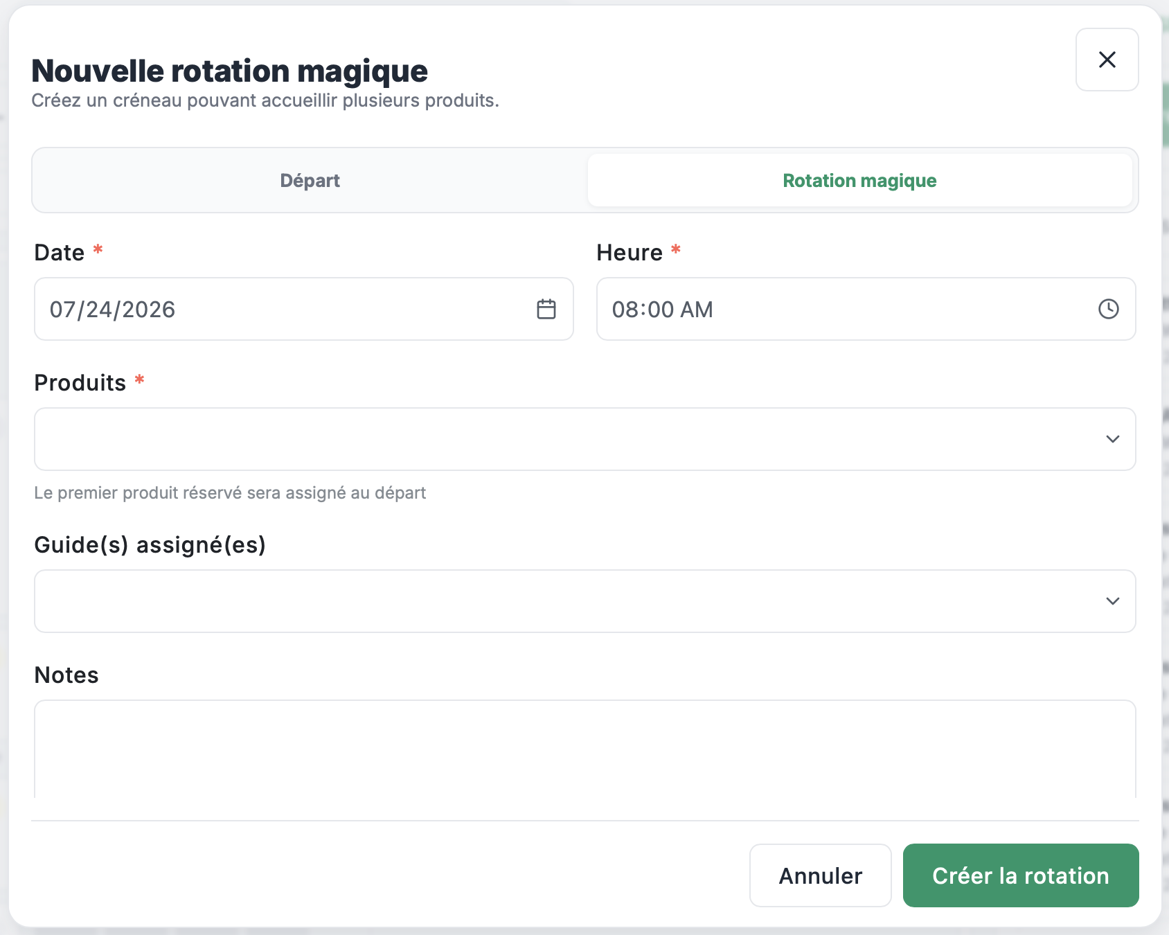 Formulaire de création d'une rotation magique avec date, heure, produits, guides et notes