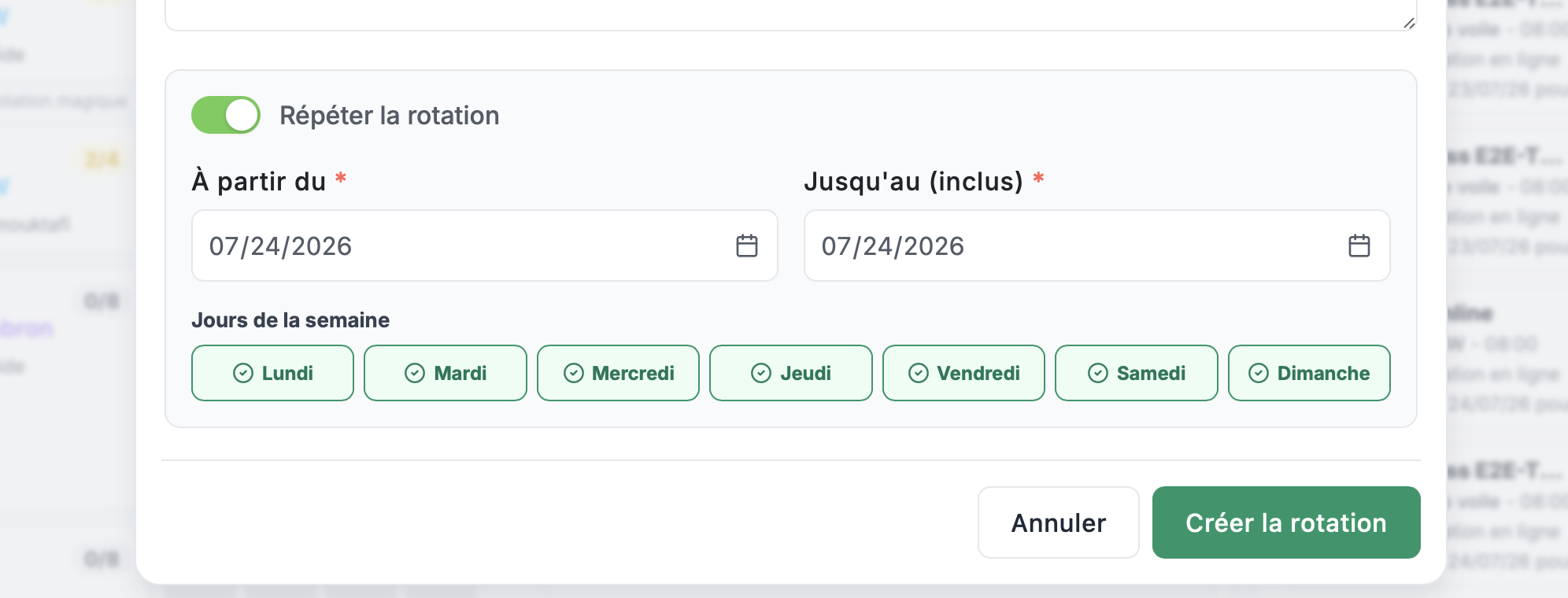 Option de répétition d'une rotation magique avec plage de dates et jours de la semaine