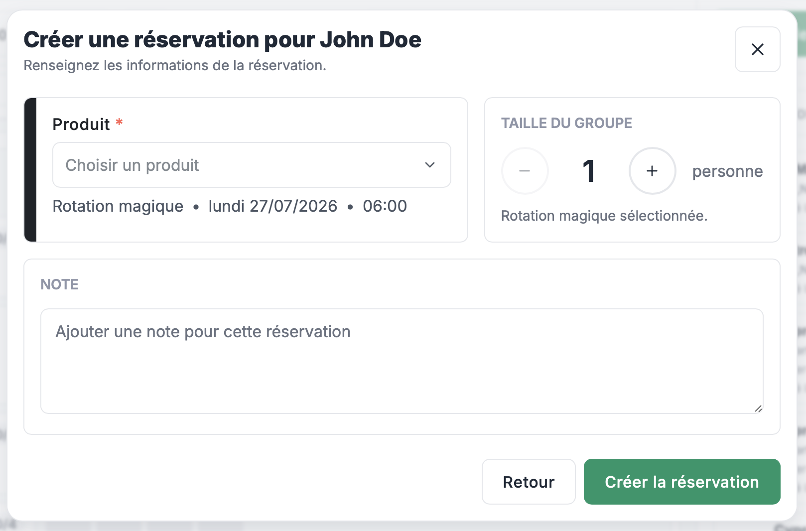 Formulaire de réservation depuis une rotation magique avec choix du produit et taille du groupe
