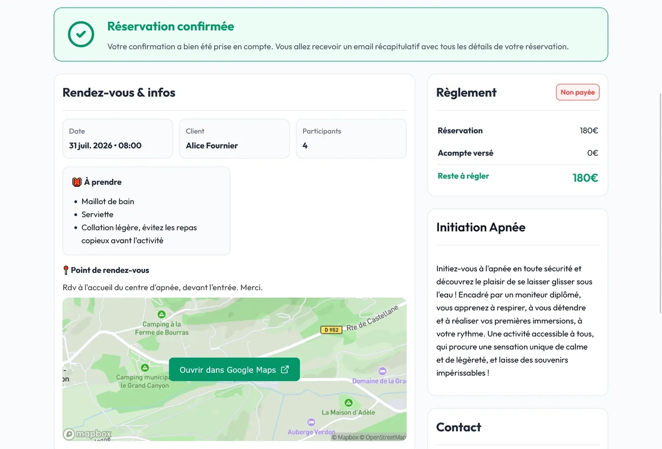 Confirmation de séance d'apnée avec point de rendez-vous, équipement à prévoir et consignes pratiques