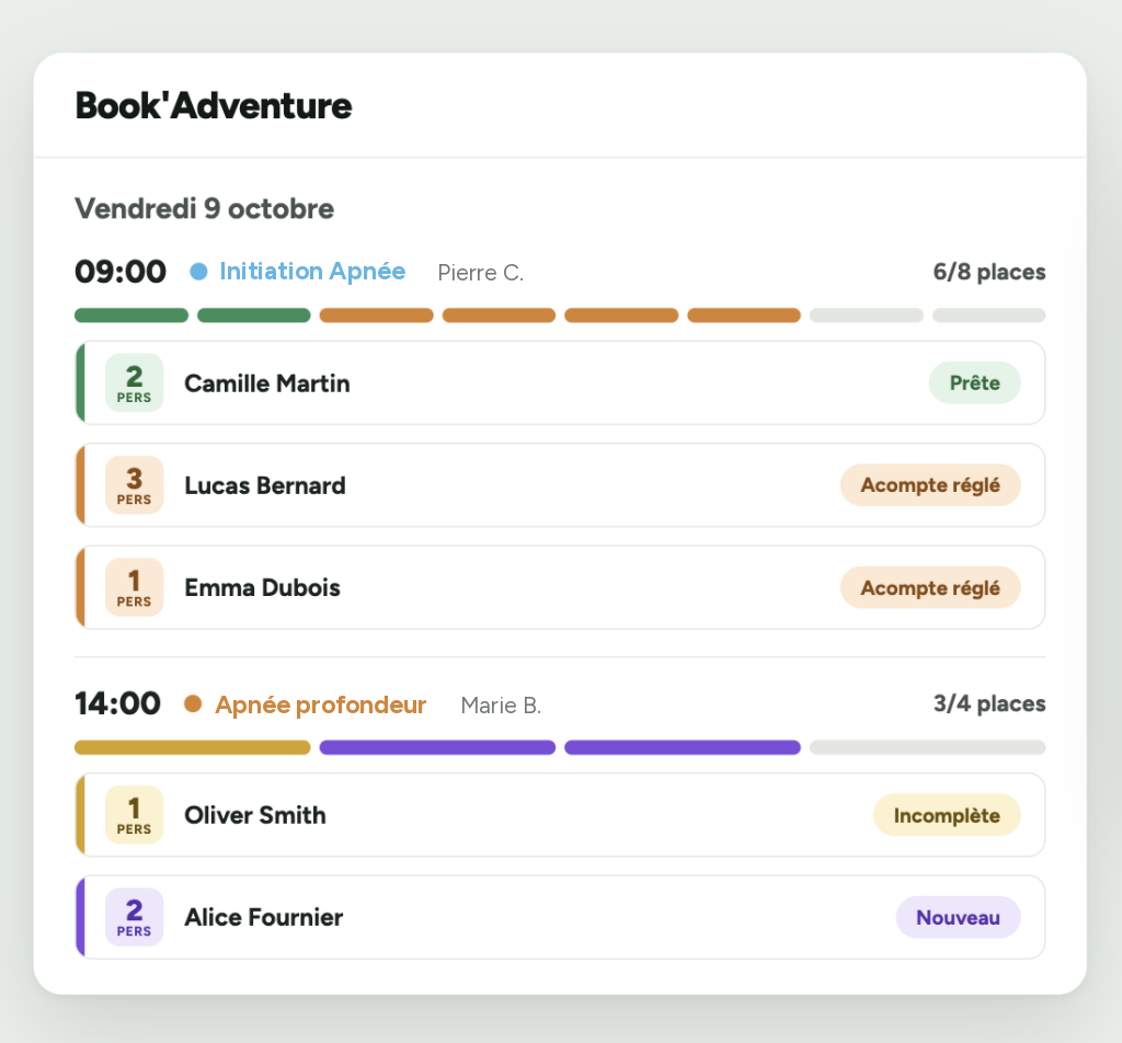 Planning des séances d'apnée et des instructeurs dans Book'Adventure