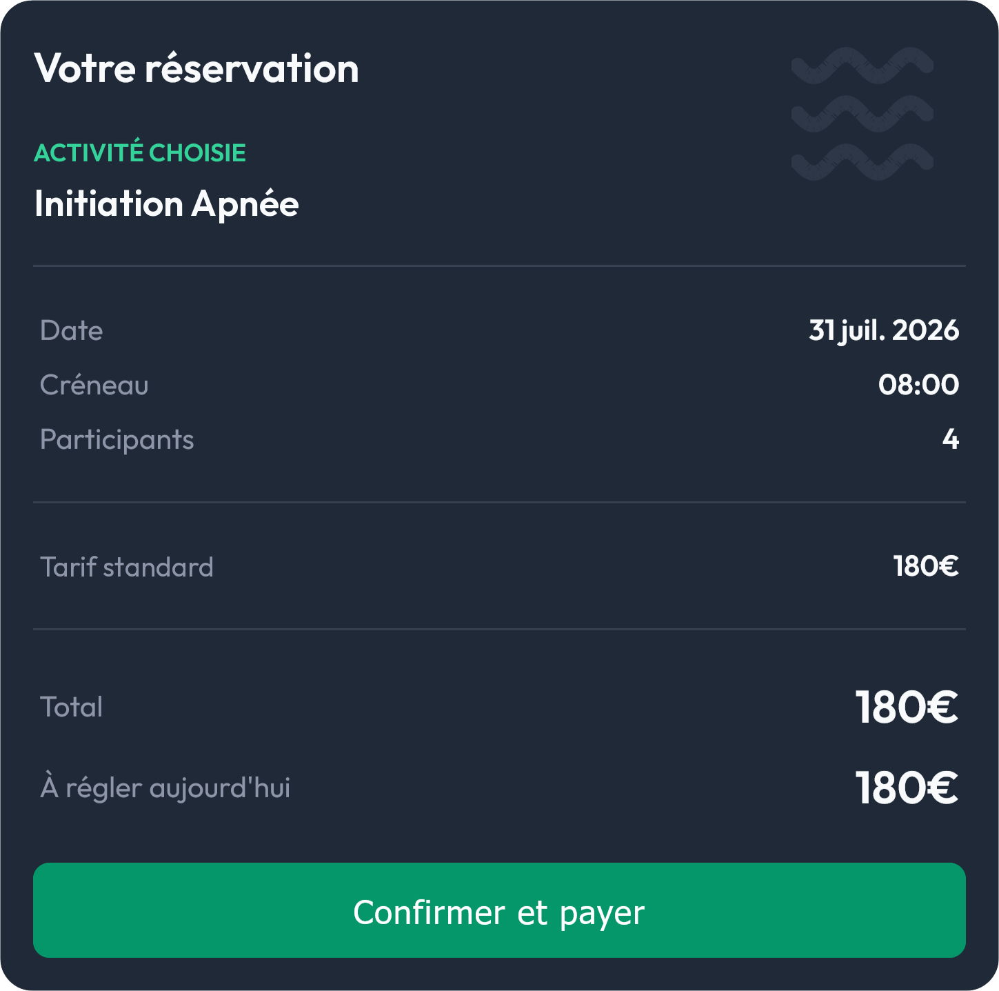 Récapitulatif d'une réservation en ligne pour une initiation à l'apnée avant paiement