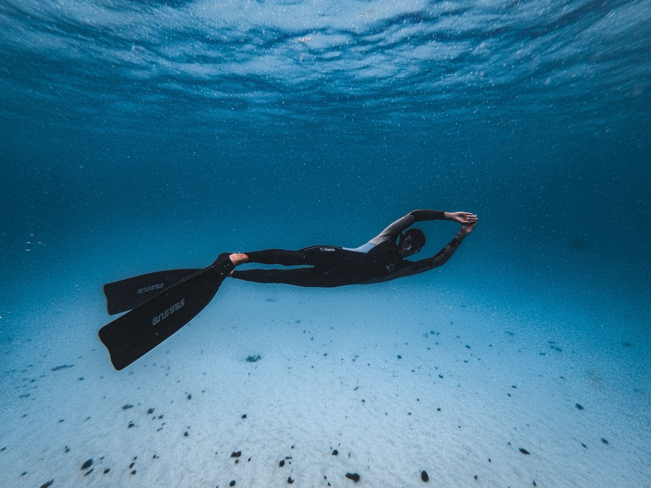 Instructeur d'apnée accompagnant des pratiquants lors d'une séance en mer