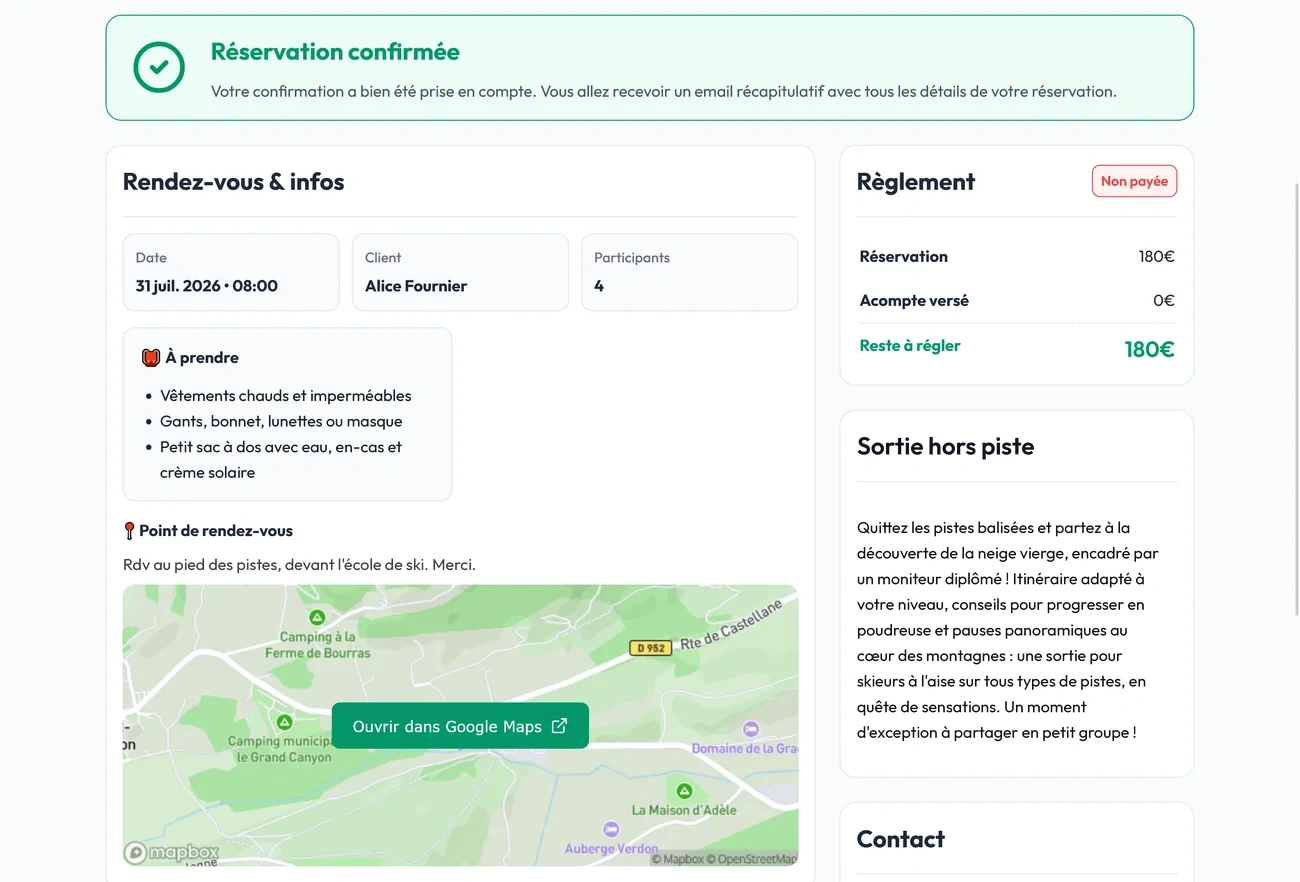 Confirmation de cours de ski avec lieu de rendez-vous, horaires et informations pratiques