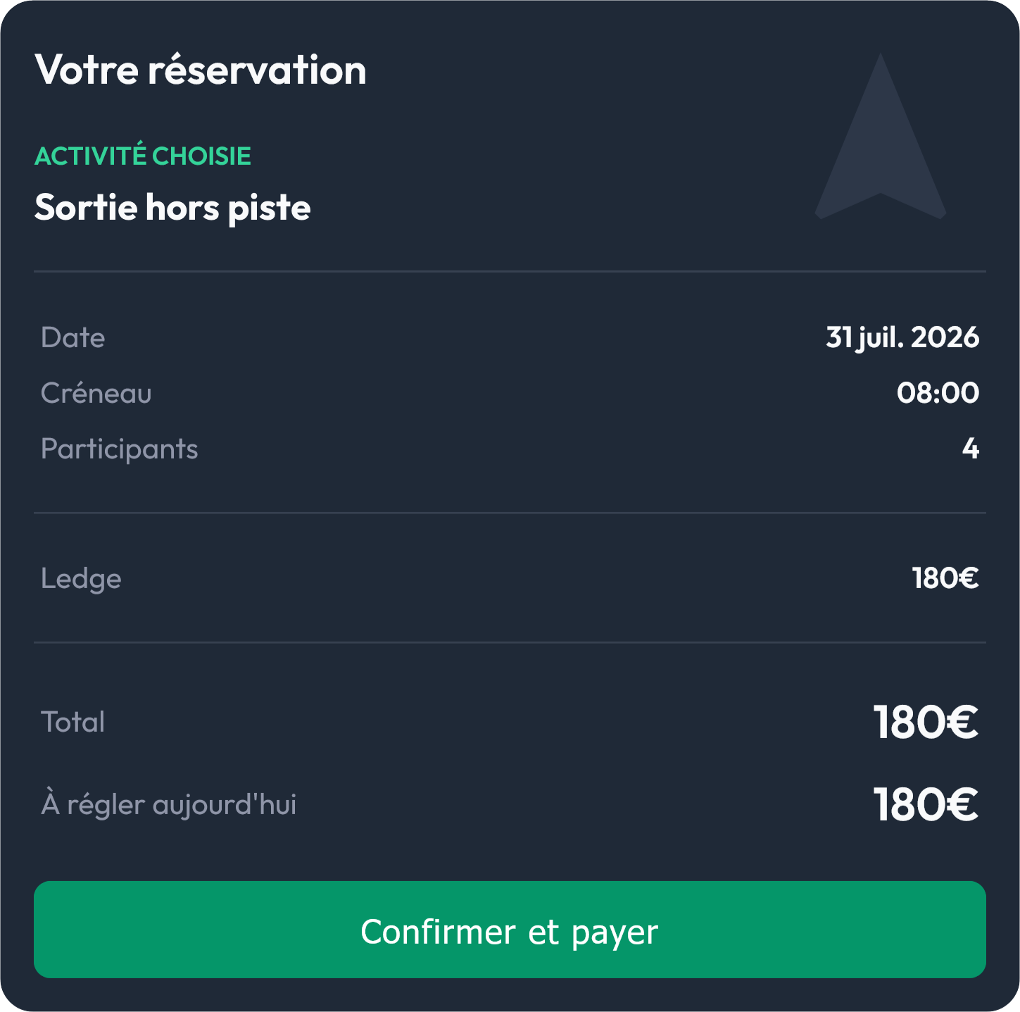 Récapitulatif d'une réservation en ligne pour un cours de ski avant paiement