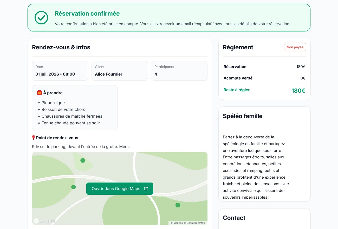 Confirmation de sortie spéléologie avec point de rendez-vous, équipement à prévoir et consignes pratiques