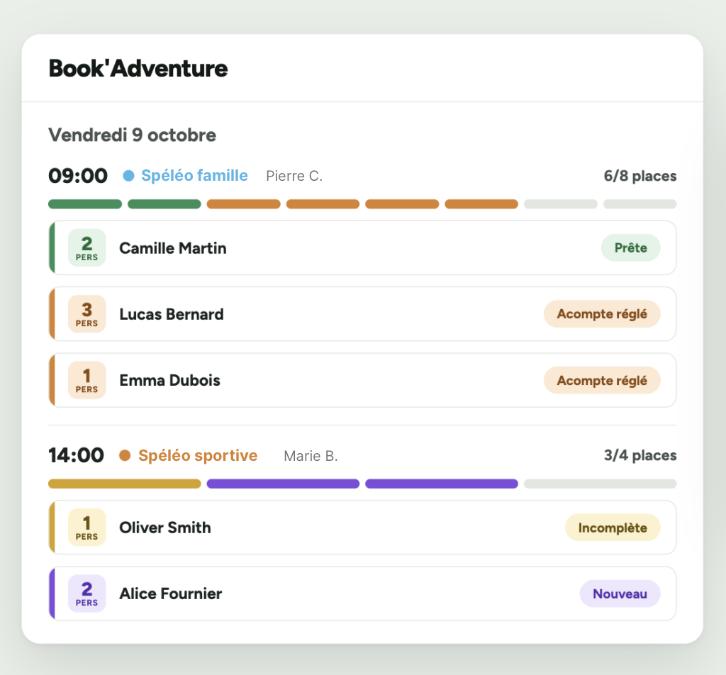 Planning des sorties spéléologie et des guides dans Book'Adventure